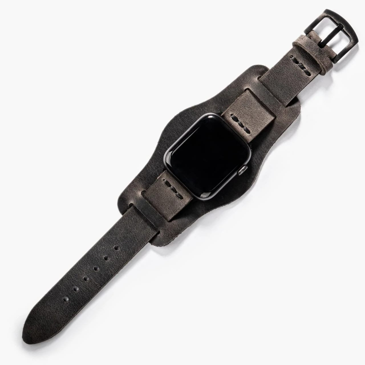 Bund Tek Katlı Apple Watch Deri Kayış - Antrasit el yapımı hakiki deri - DeryCraft