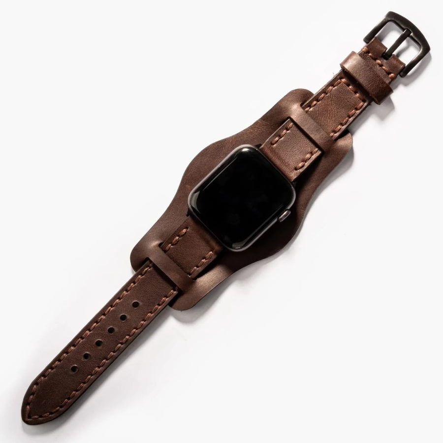 Bund Çift Katlı Apple Watch Deri Kayış - Acı Kahve el yapımı hakiki deri - DeryCraft