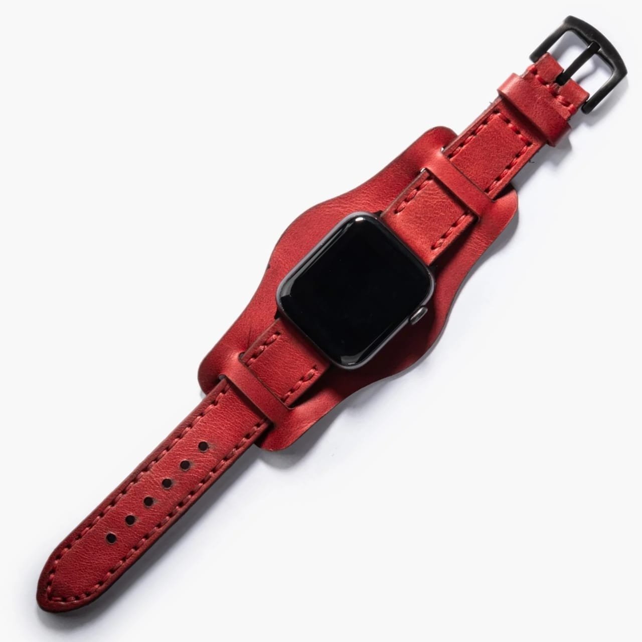 Bund Çift Katlı Apple Watch Deri Kayış - Kırmızı el yapımı hakiki deri - DeryCraft