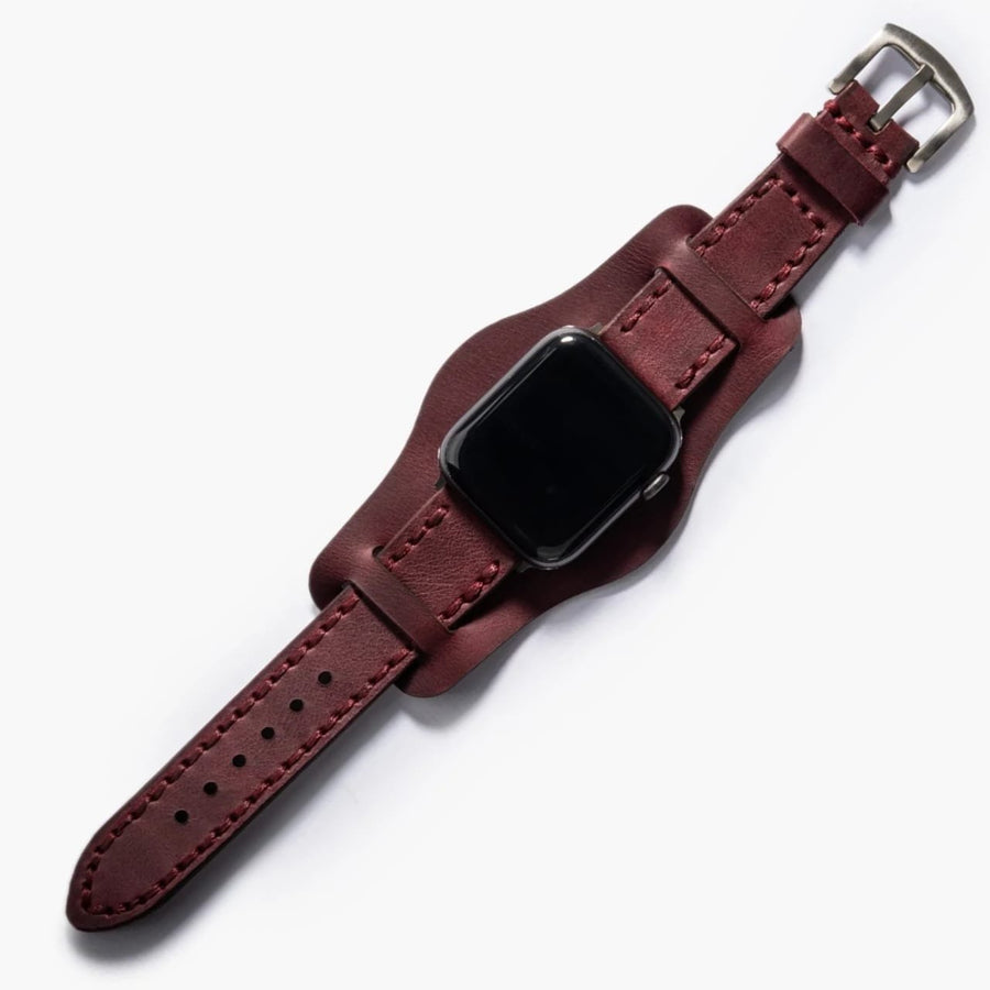 Bund Çift Katlı Apple Watch Deri Kayış - Mürdüm el yapımı hakiki deri - DeryCraft