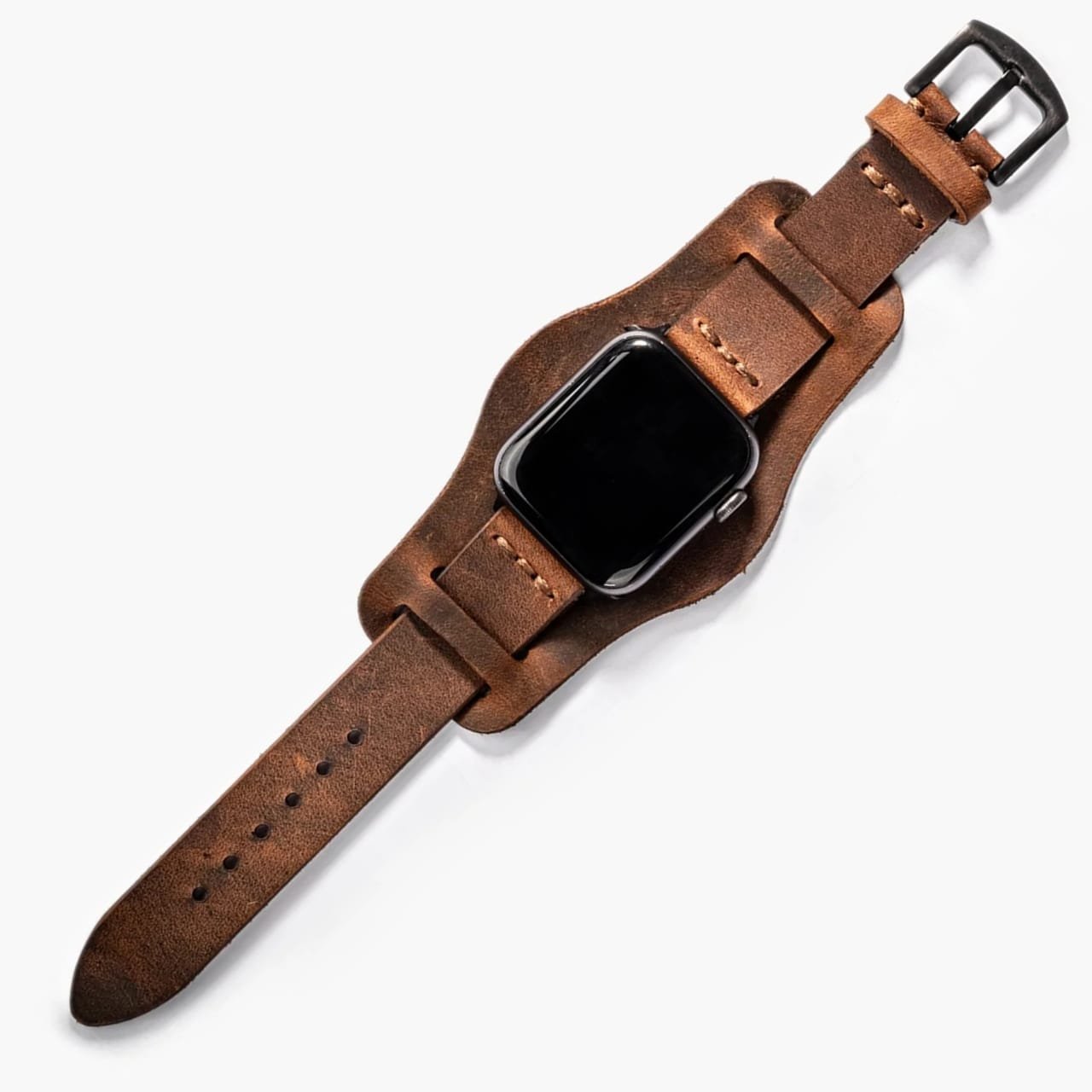 Bund Tek Katlı Apple Watch Deri Kayış - Kahve el yapımı hakiki deri - DeryCraft