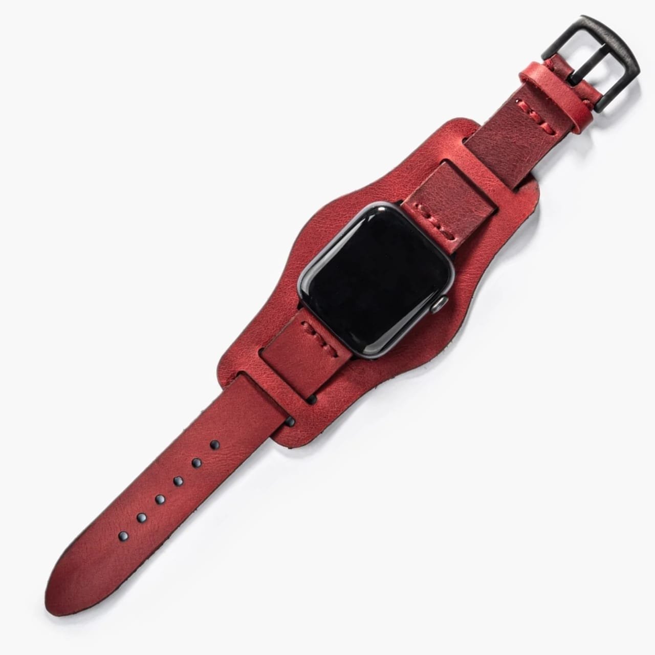 Bund Tek Katlı Apple Watch Deri Kayış - Kırmızı el yapımı hakiki deri - DeryCraft