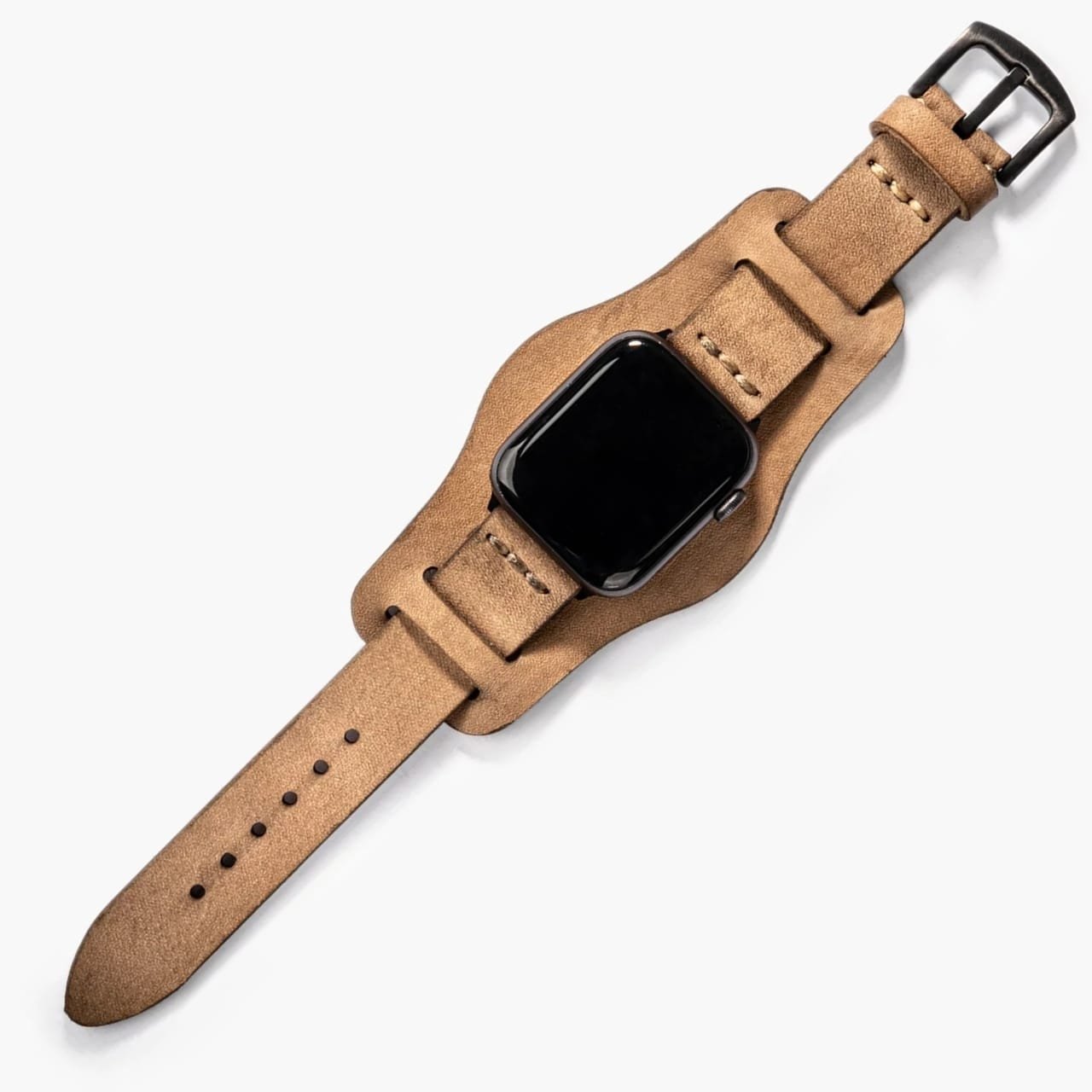 Bund Tek Katlı Apple Watch Deri Kayış - Bej el yapımı hakiki deri - DeryCraft