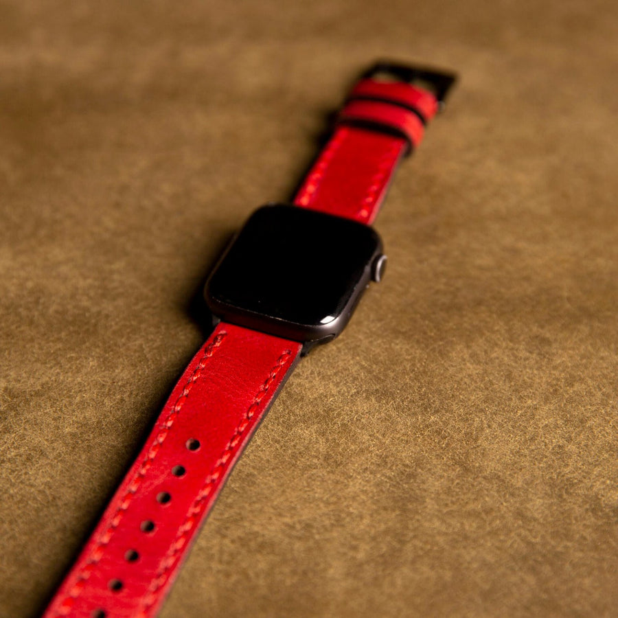 Çift Katlı Deri Apple Watch Kayışı - Kırmızı el yapımı hakiki deri - DeryCraft