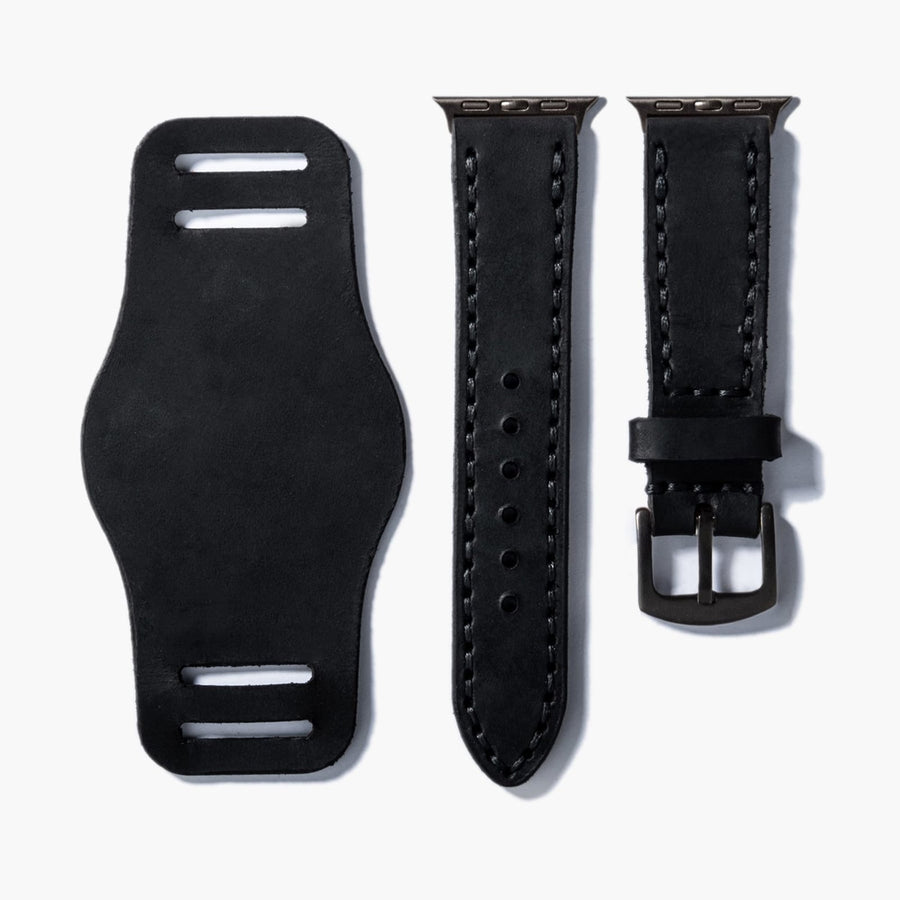 Bund Çift Katlı Apple Watch Deri Kayış - Siyah el yapımı hakiki deri - DeryCraft