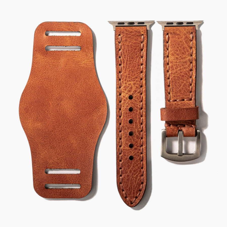 Bund Çift Katlı Apple Watch Deri Kayış - Camel el yapımı hakiki deri - DeryCraft