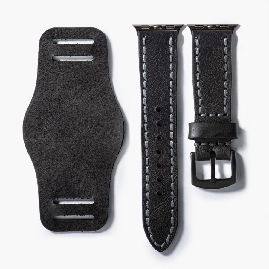 Bund Çift Katlı Apple Watch Deri Kayış - Asfalt el yapımı hakiki deri - DeryCraft