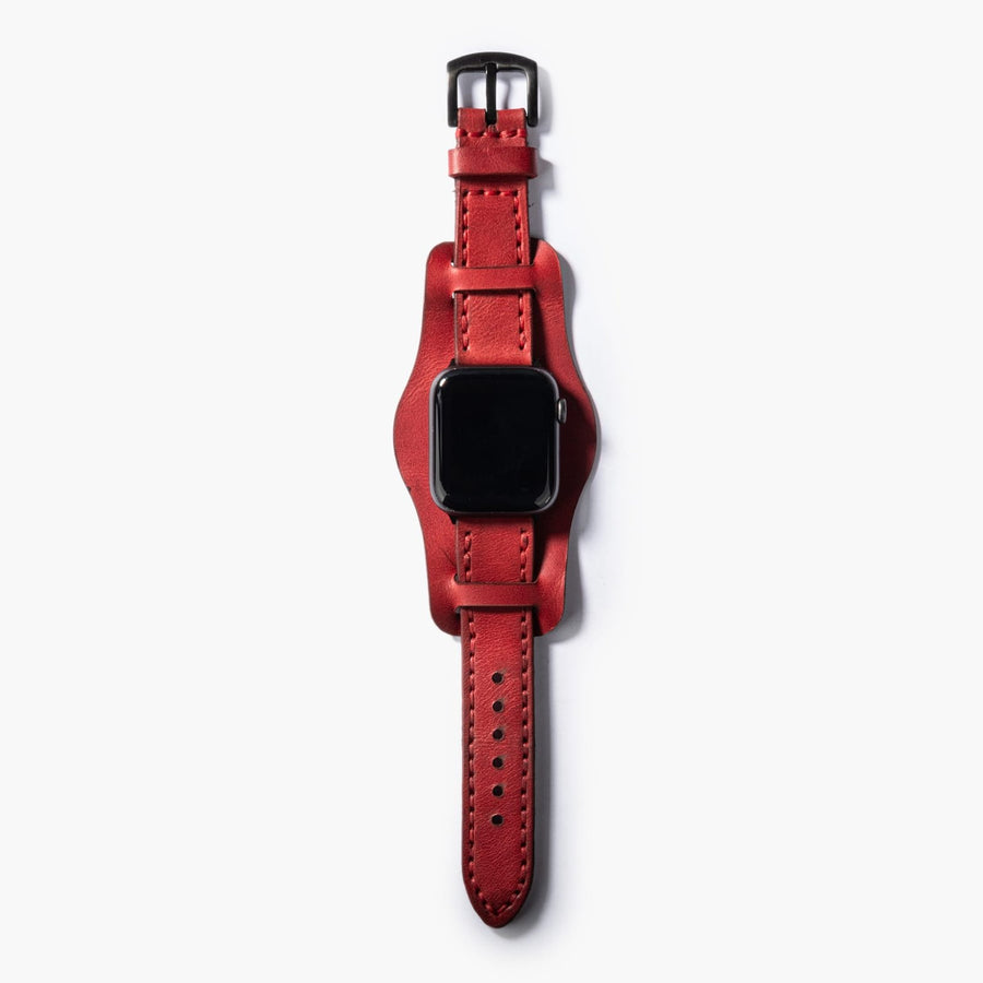 Bund Çift Katlı Apple Watch Deri Kayış - Kırmızı el yapımı hakiki deri - DeryCraft
