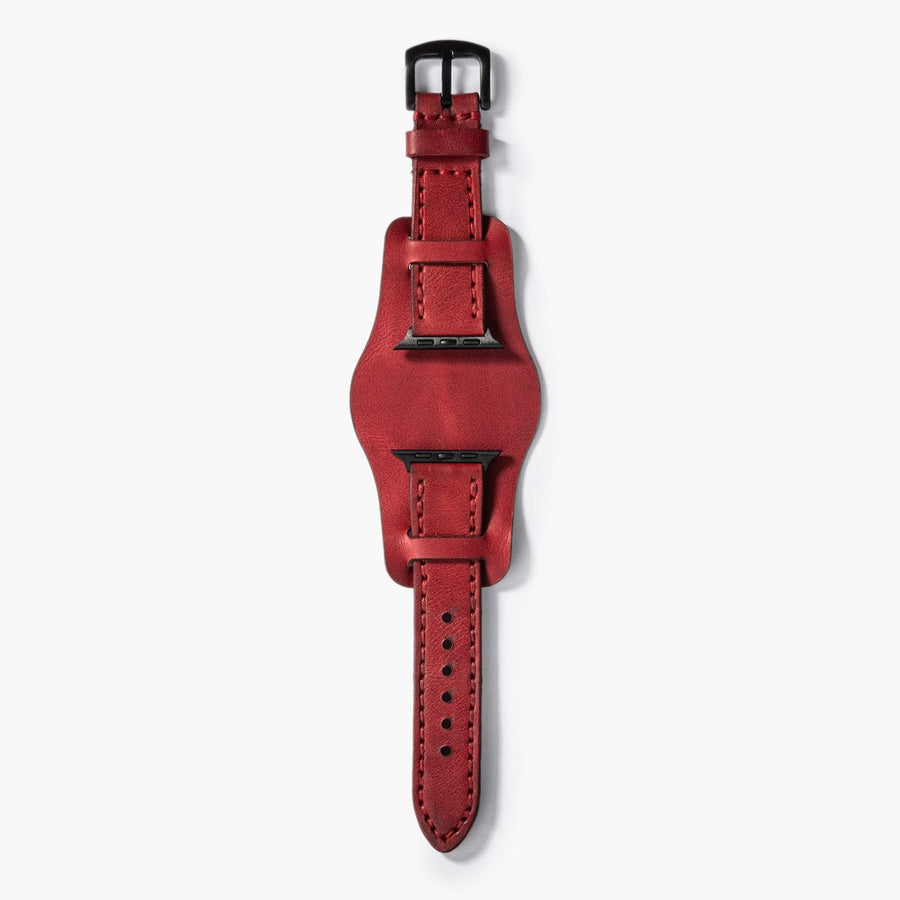 Bund Çift Katlı Apple Watch Deri Kayış - Kırmızı el yapımı hakiki deri - DeryCraft