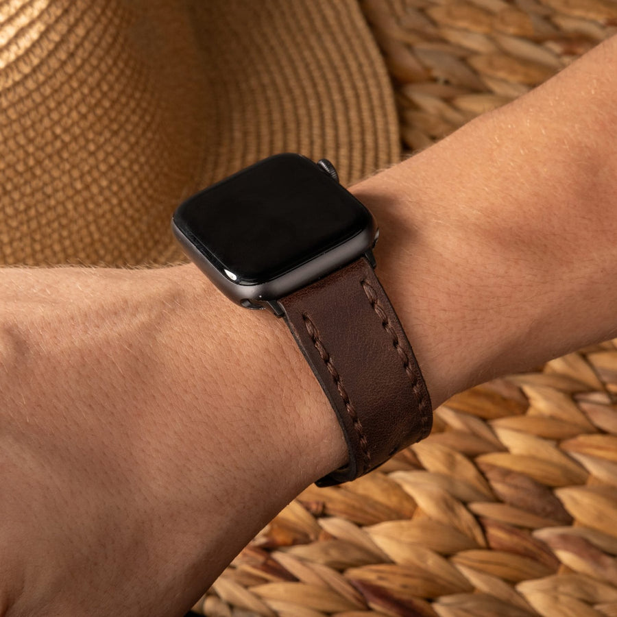 Çift Katlı Deri Apple Watch Kayışı - Acı Kahve el yapımı hakiki deri - DeryCraft
