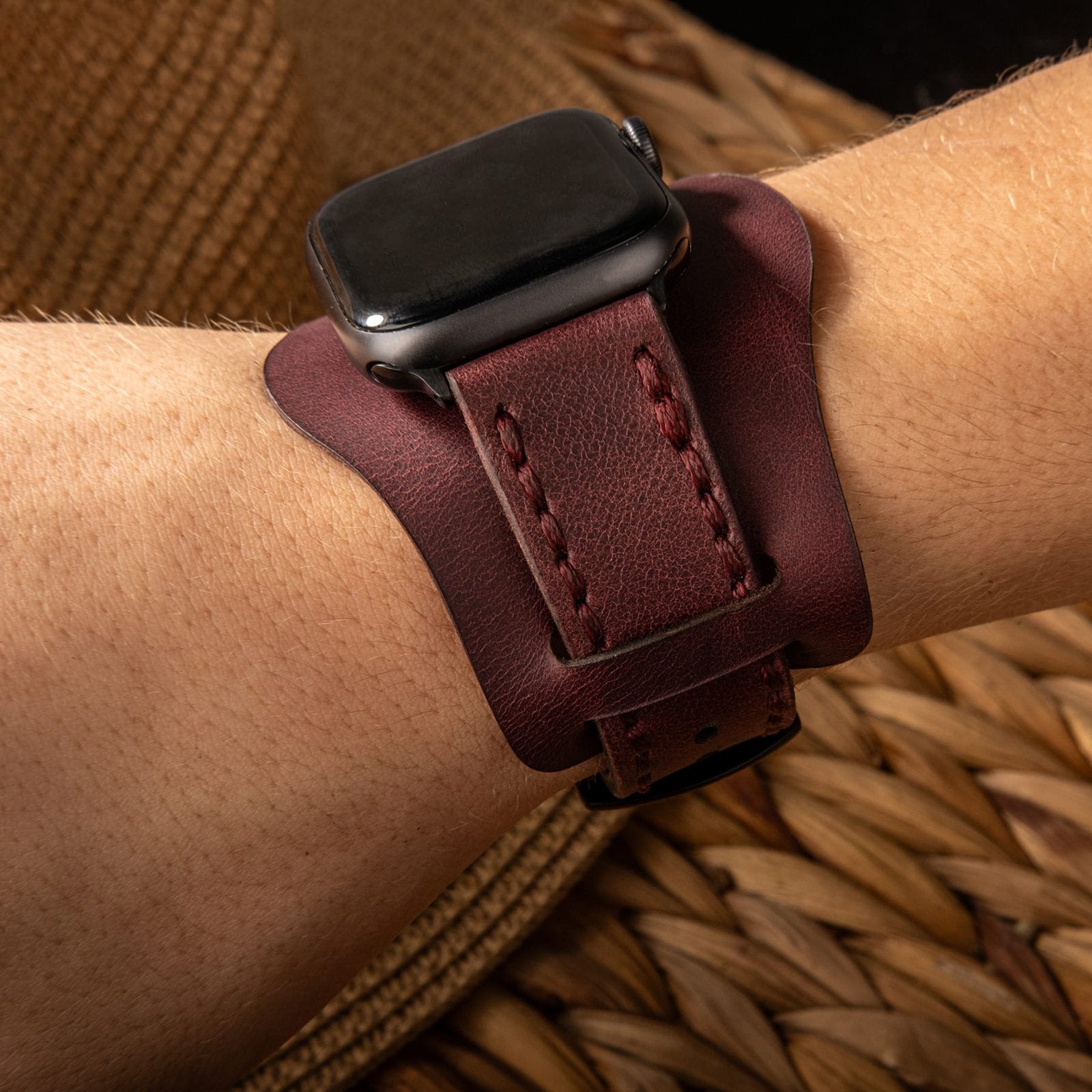 Bund Çift Katlı Apple Watch Deri Kayış - Mürdüm el yapımı hakiki deri - DeryCraft