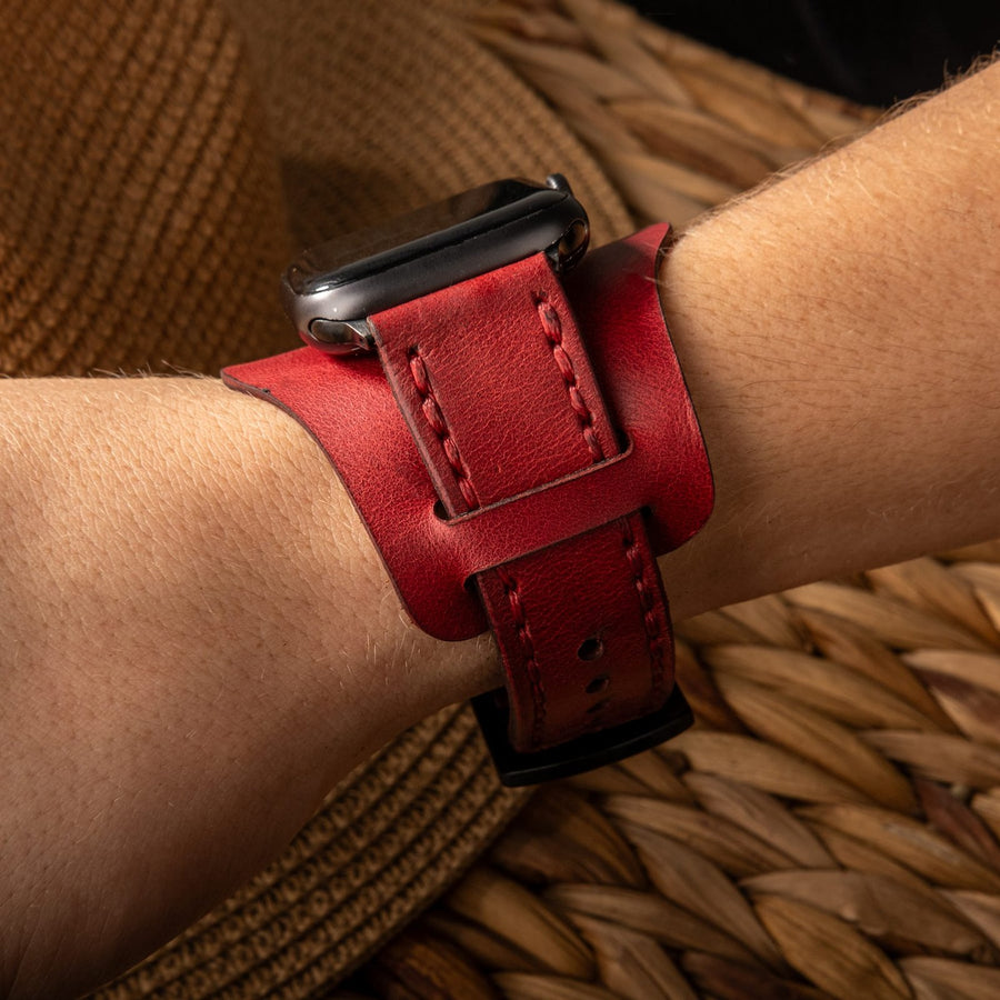 Bund Çift Katlı Apple Watch Deri Kayış - Kırmızı el yapımı hakiki deri - DeryCraft