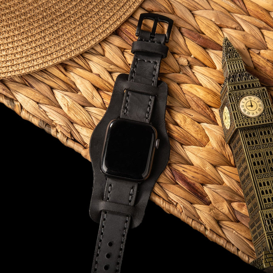 Bund Çift Katlı Apple Watch Deri Kayış - Siyah el yapımı hakiki deri - DeryCraft