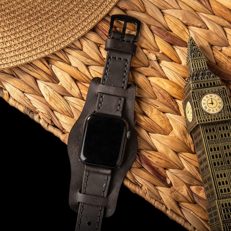 Bund Çift Katlı Apple Watch Deri Kayış - Antrasit el yapımı hakiki deri - DeryCraft