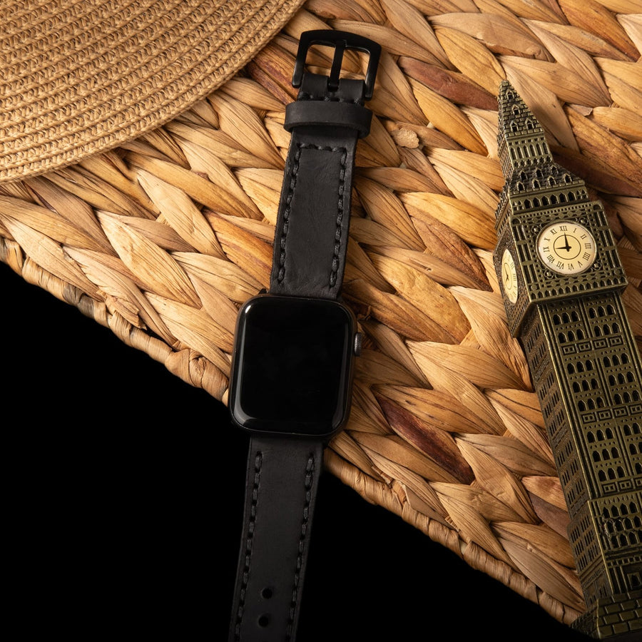 Çift Katlı Deri Apple Watch Kayışı – Siyah el yapımı hakiki deri - DeryCraft