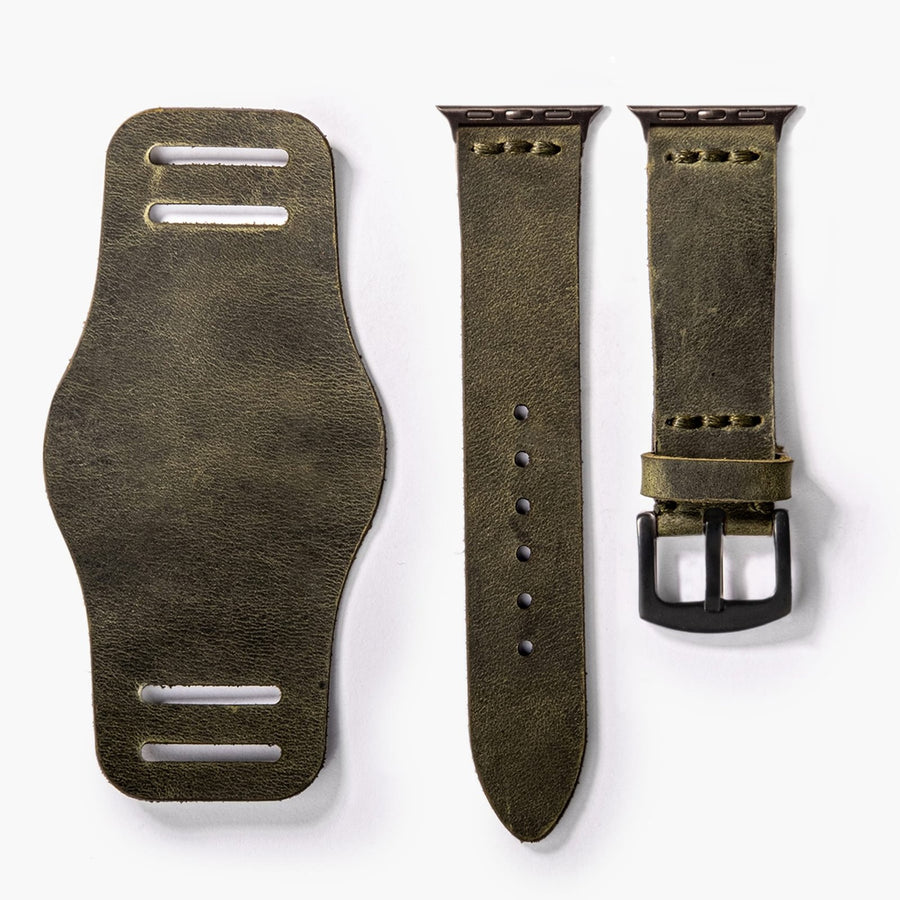 Bund Tek Katlı Apple Watch Deri Kayış - Yeşil el yapımı hakiki deri - DeryCraft