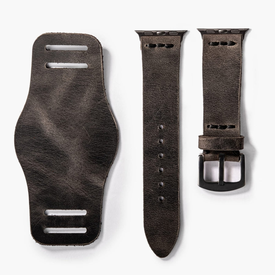 Bund Tek Katlı Apple Watch Deri Kayış - Antrasit el yapımı hakiki deri - DeryCraft
