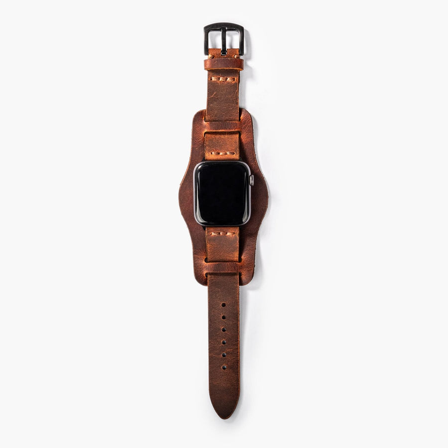 Bund Tek Katlı Apple Watch Deri Kayış - Oranj el yapımı hakiki deri - DeryCraft