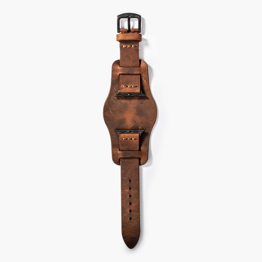 Bund Tek Katlı Apple Watch Deri Kayış - Kahve el yapımı hakiki deri - DeryCraft