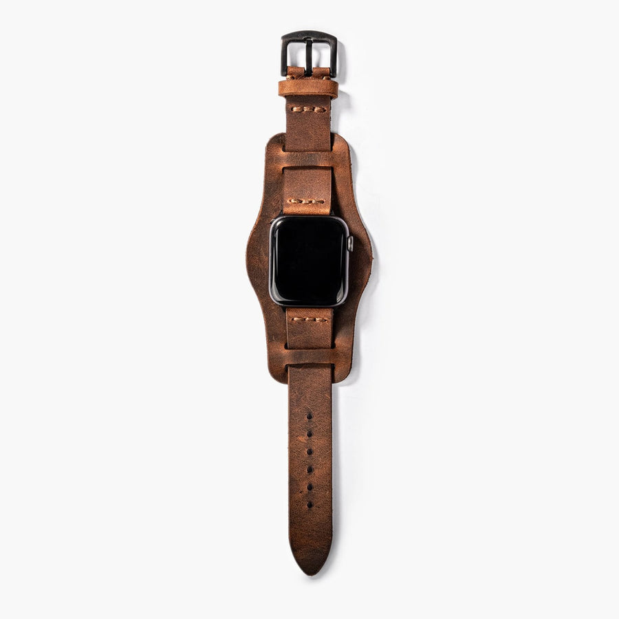 Bund Tek Katlı Apple Watch Deri Kayış - Kahve el yapımı hakiki deri - DeryCraft