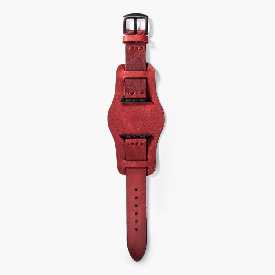 Bund Tek Katlı Apple Watch Deri Kayış - Kırmızı el yapımı hakiki deri - DeryCraft