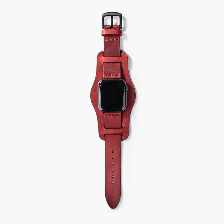 Bund Tek Katlı Apple Watch Deri Kayış - Kırmızı el yapımı hakiki deri - DeryCraft