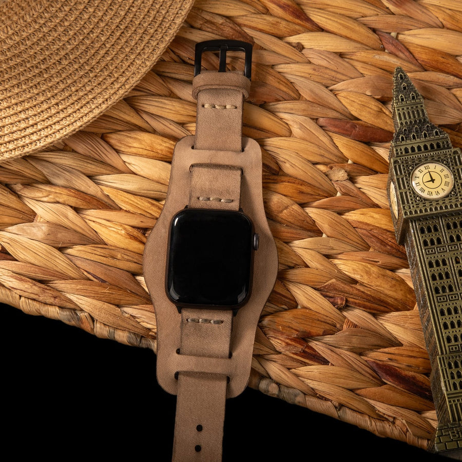 Bund Tek Katlı Apple Watch Deri Kayış - Bej el yapımı hakiki deri - DeryCraft