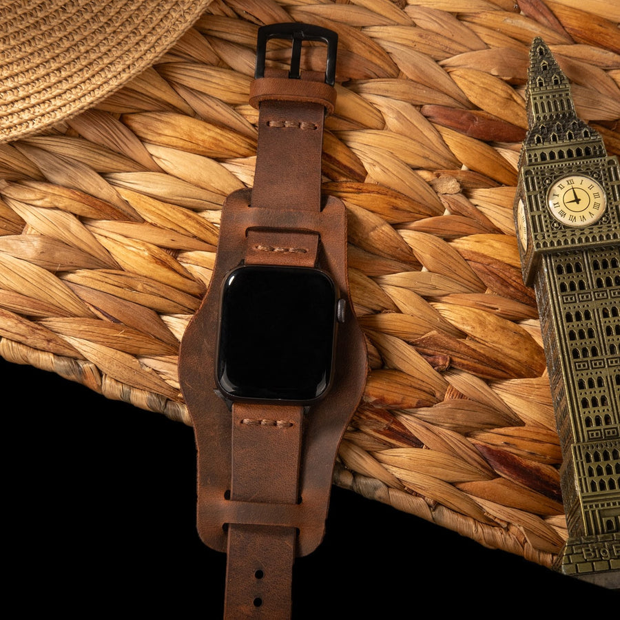 Bund Tek Katlı Apple Watch Deri Kayış - Kahve el yapımı hakiki deri - DeryCraft