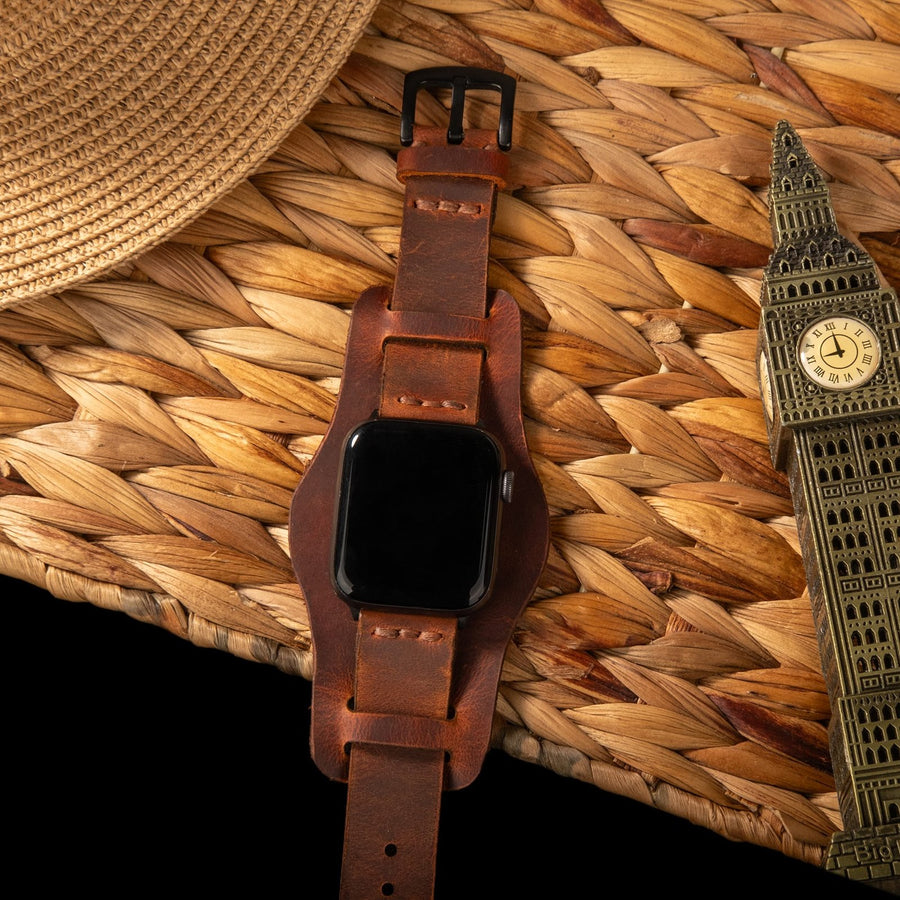 Bund Tek Katlı Apple Watch Deri Kayış - Oranj el yapımı hakiki deri - DeryCraft