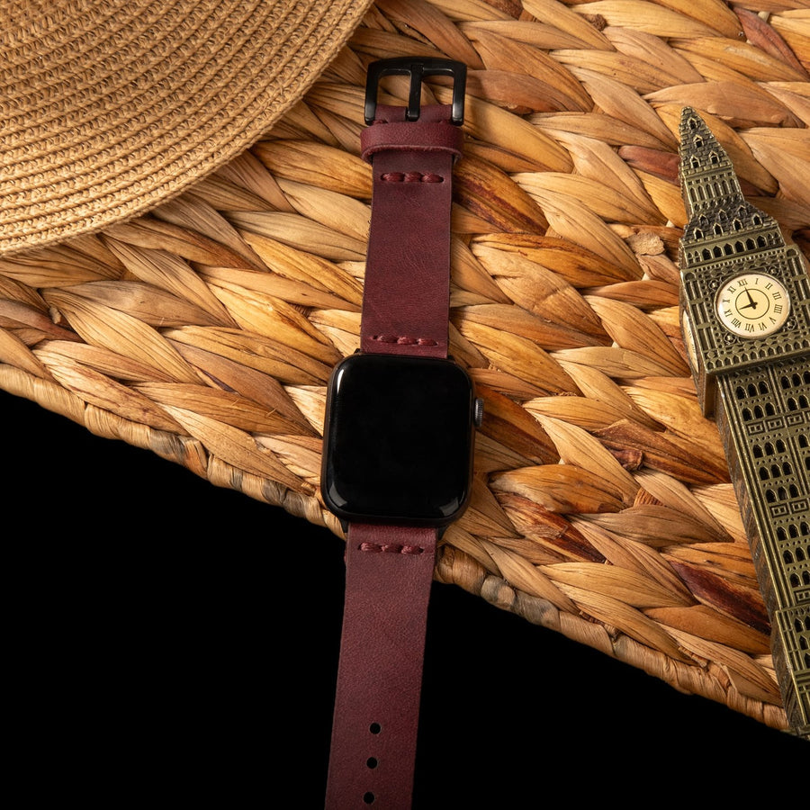 Tek Katlı Deri Apple Watch Kayışı - Mürdüm el yapımı hakiki deri - DeryCraft