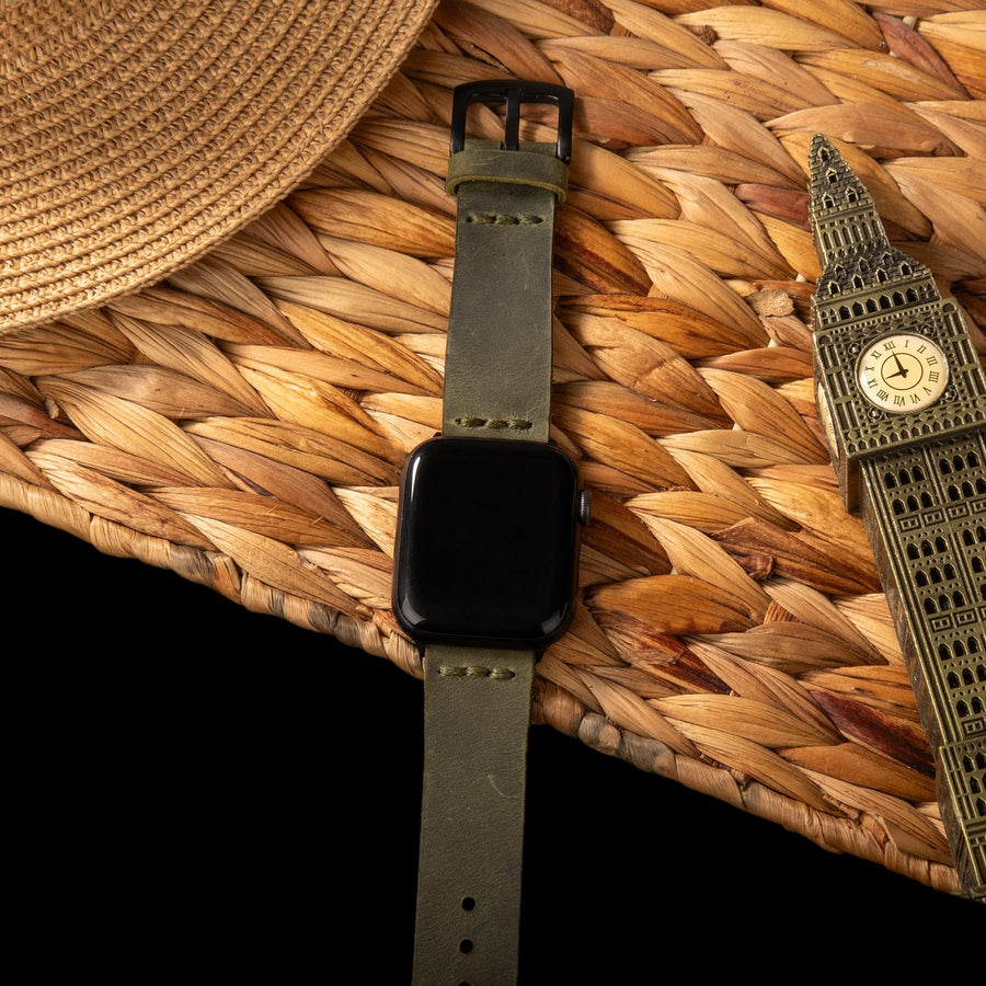 Tek Katlı Deri Apple Watch Kayışı - Yeşil el yapımı hakiki deri - DeryCraft