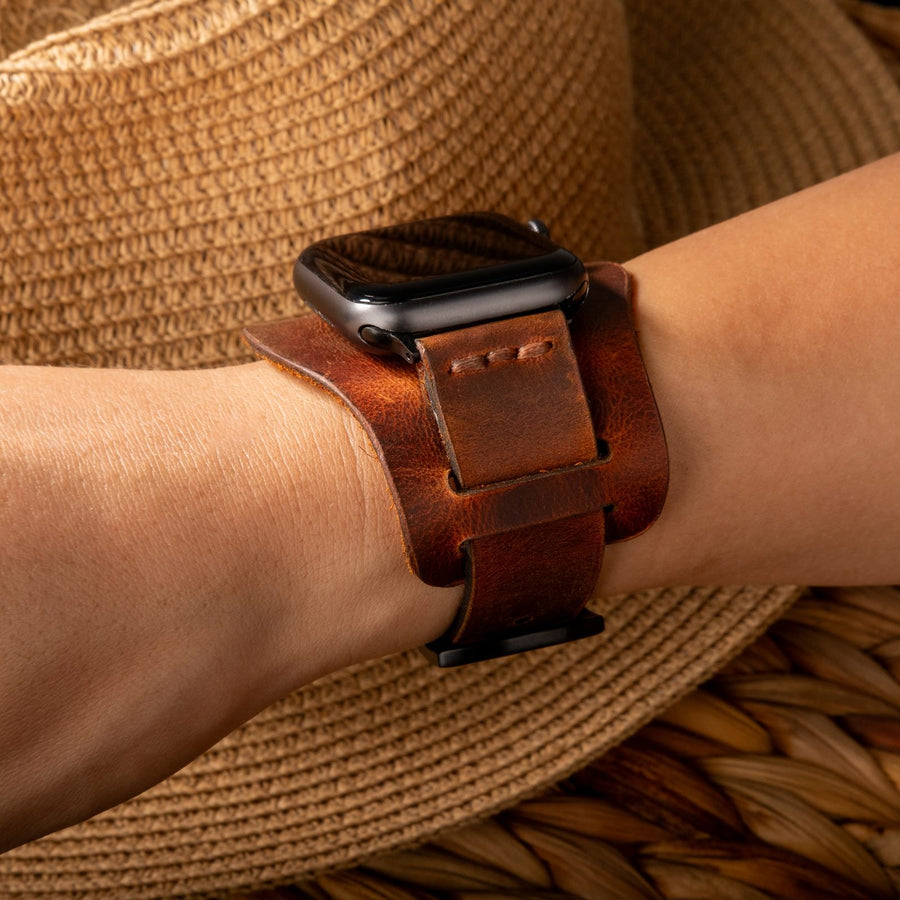 Bund Tek Katlı Apple Watch Deri Kayış - Oranj el yapımı hakiki deri - DeryCraft