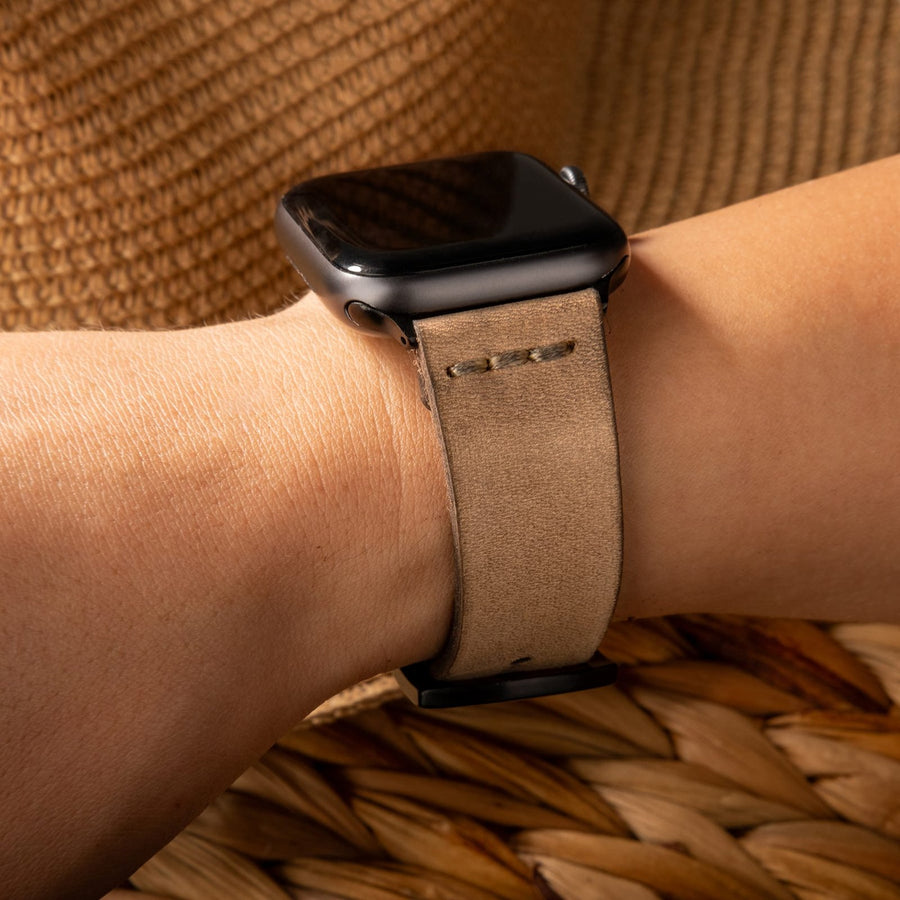 Tek Katlı Deri Apple Watch Kayışı - Bej el yapımı hakiki deri - DeryCraft
