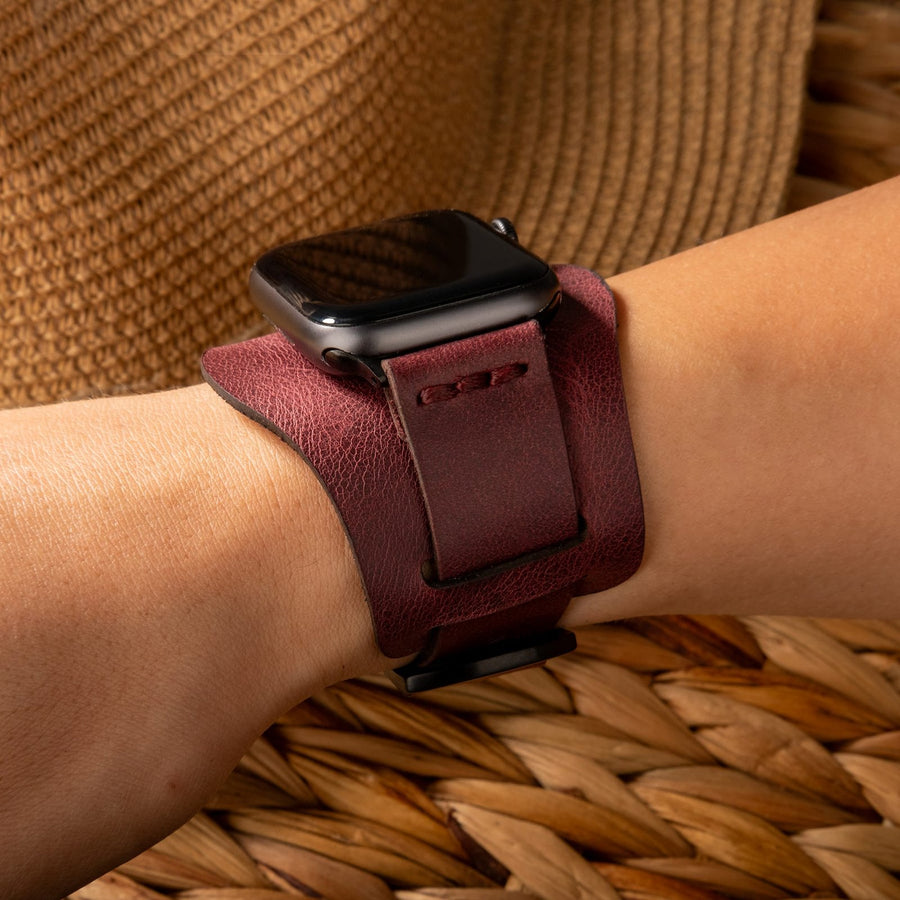 Bund Tek Katlı Apple Watch Deri Kayış - Mürdüm el yapımı hakiki deri - DeryCraft