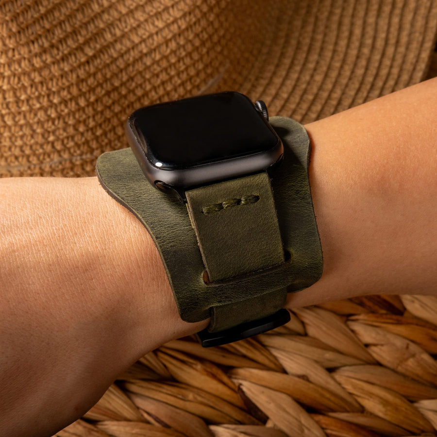 Bund Tek Katlı Apple Watch Deri Kayış - Yeşil el yapımı hakiki deri - DeryCraft