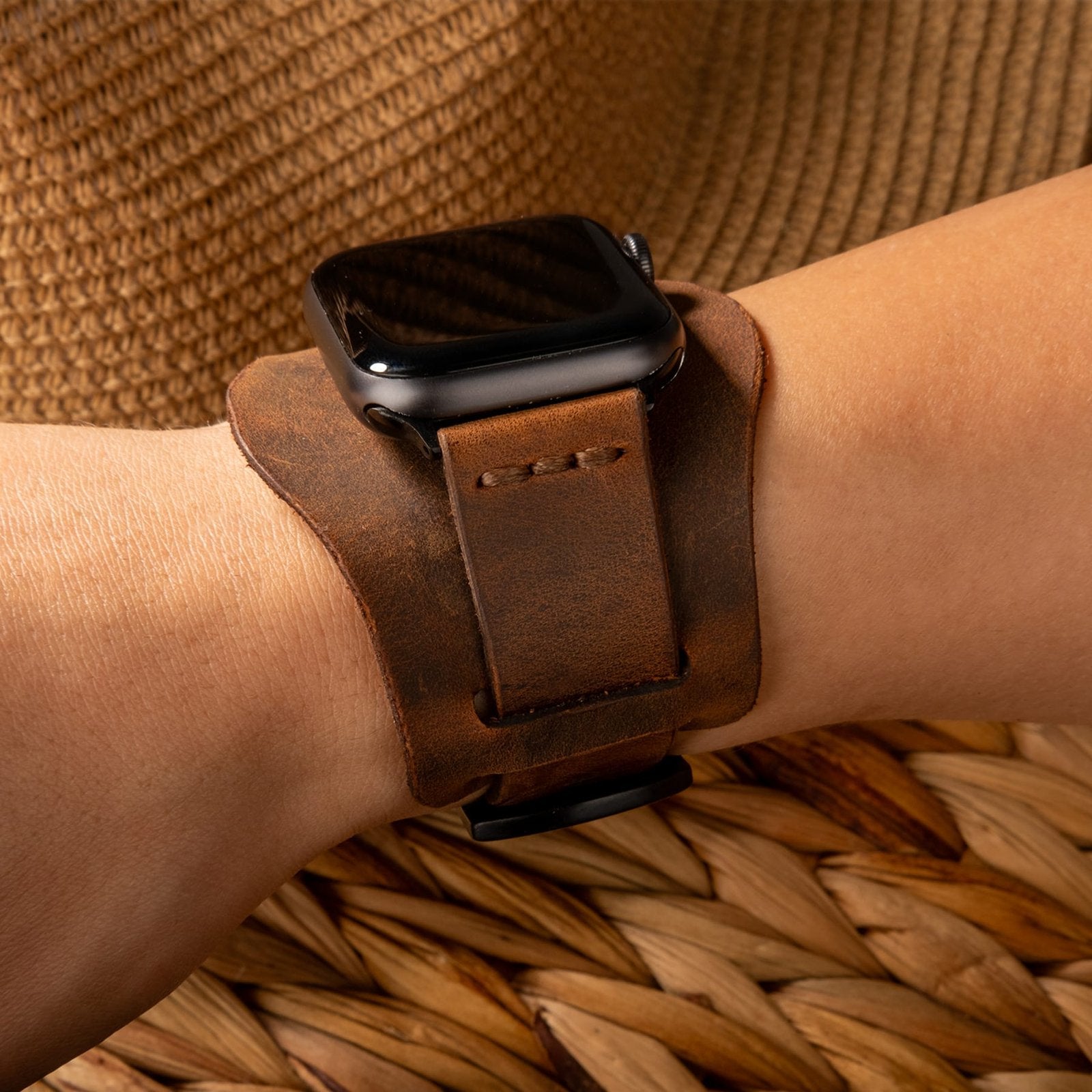 Bund Tek Katlı Apple Watch Deri Kayış - Kahve el yapımı hakiki deri - DeryCraft