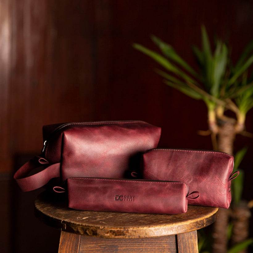 KAHVE Dopp Kit Deri Makyaj Çantası (Lotus) el yapımı hakiki deri - DeryCraft